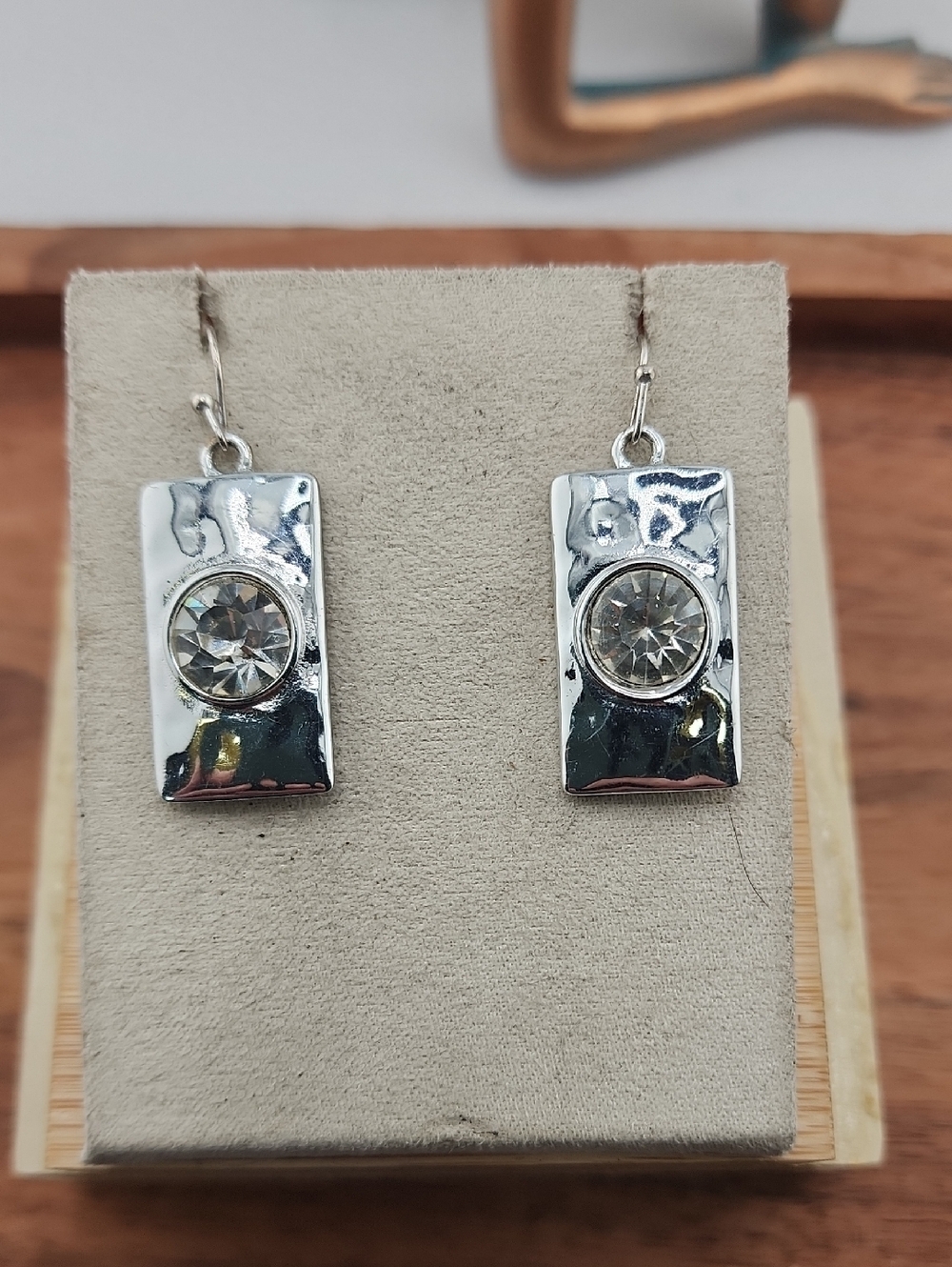 Silver Rectangular Drop Earrings with Clear Crystal